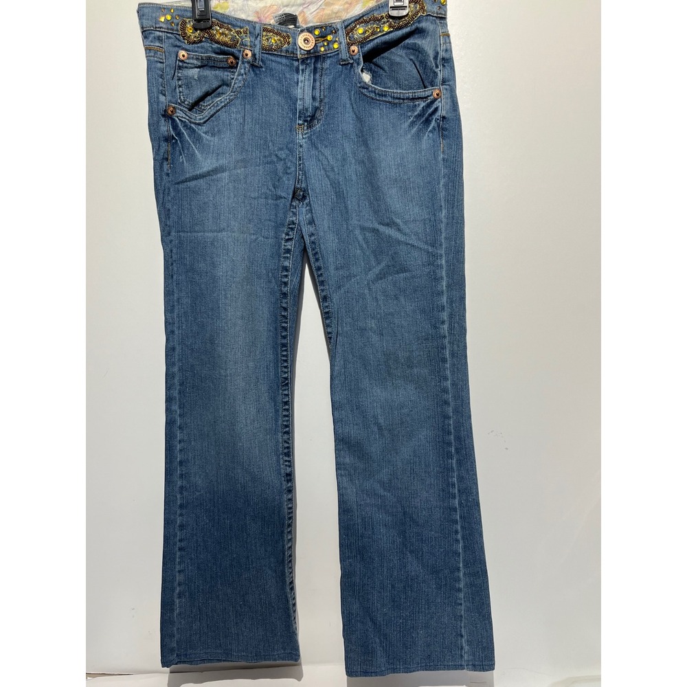 Z Cavaricci Blue Denim Series Embellished Flare Jeans Blue Rhinestone Beaded 13